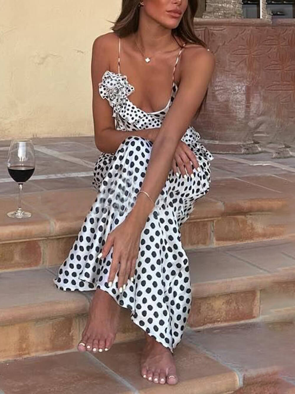 Polka Dot Print Fantasy Guipure Ruffled Suspender Maxi Dress